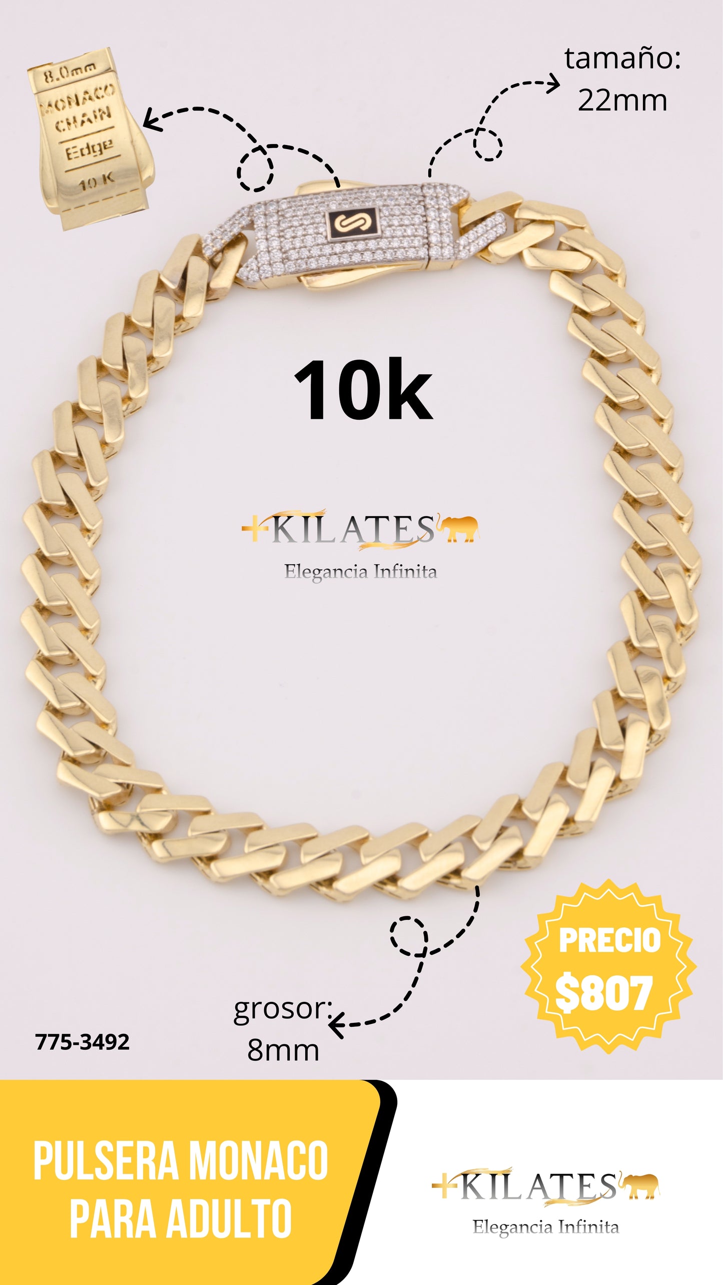 "PULSERA MONACO PARA ADULTO DE 22CM. ORO 10K #775-3492"