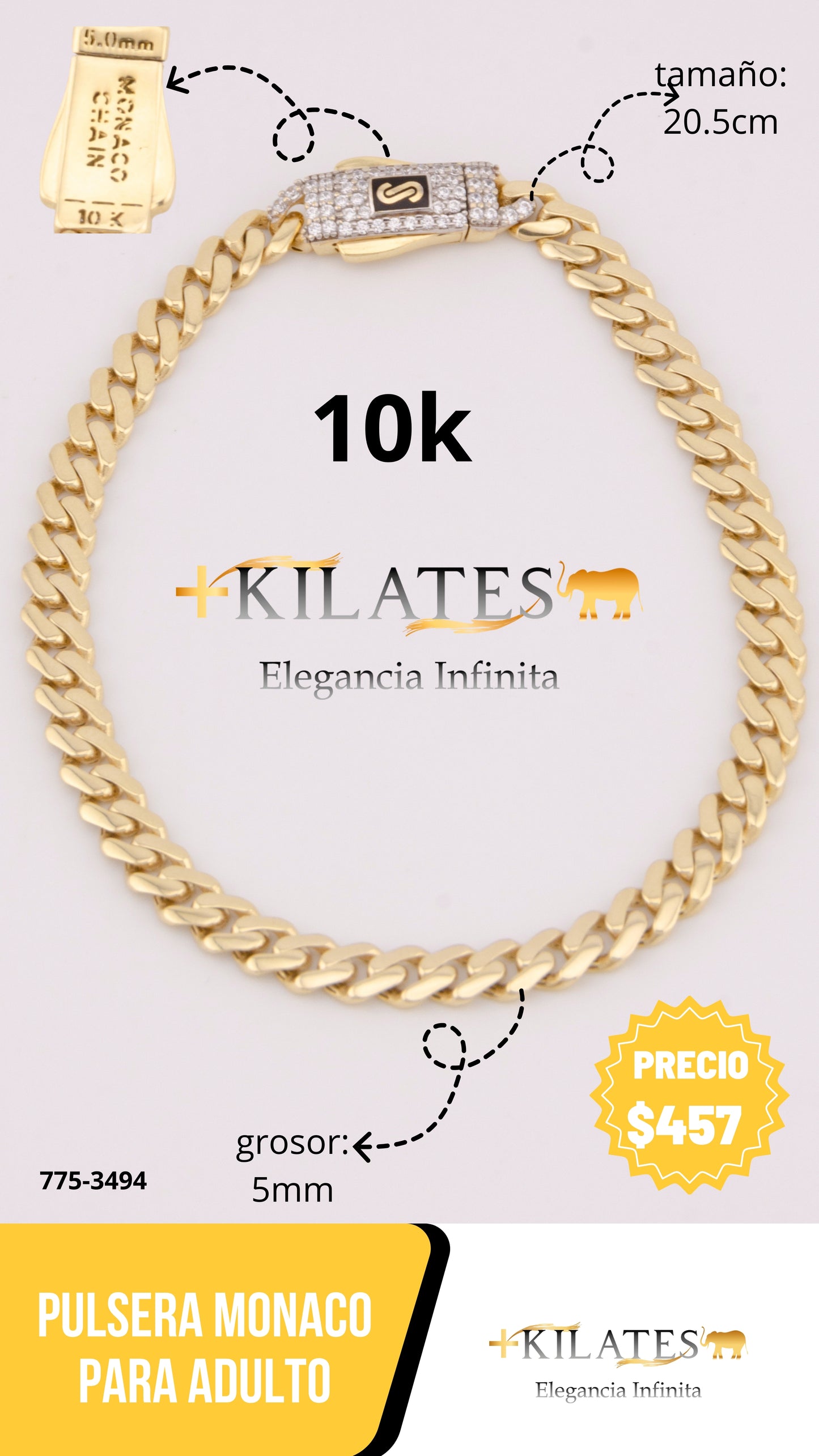"PULSERA MONACO PARA ADULTO DE 20.5CM. ORO 10K #775-3494"