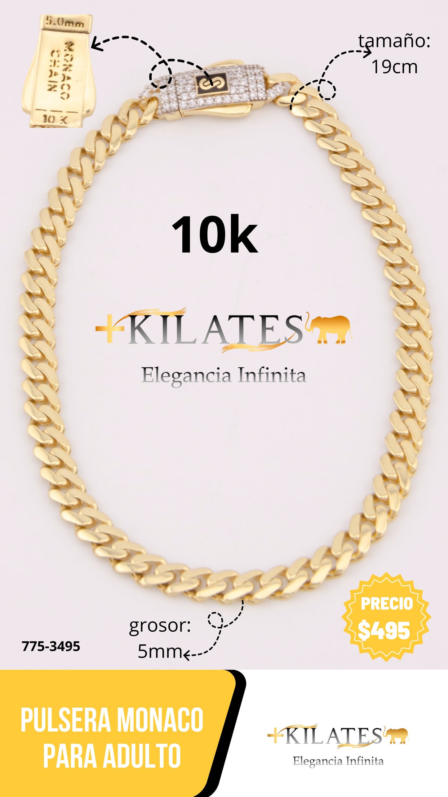 "PULSERA MONACO PARA ADULTO DE 19CM. ORO 10K #775-3495"