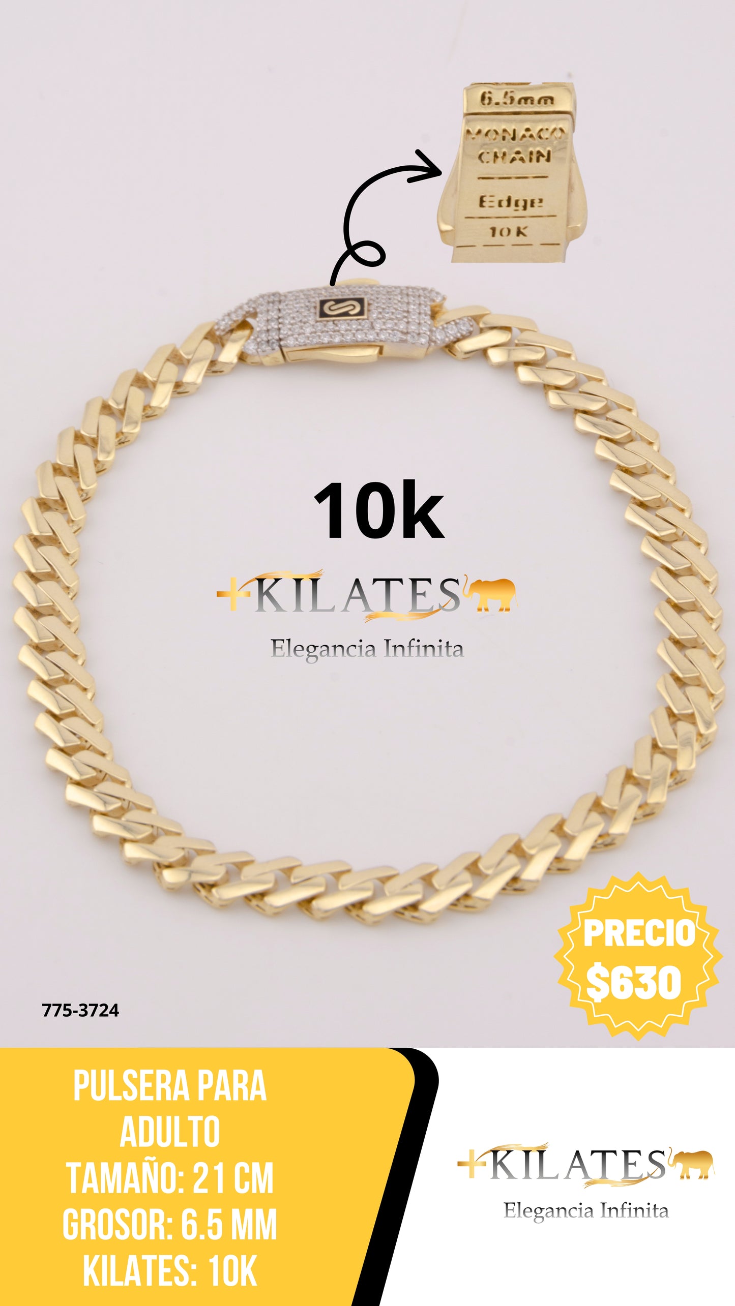 PULSERA MONACO PARA ADULTO DE 21CM. ORO 10K #775-3724