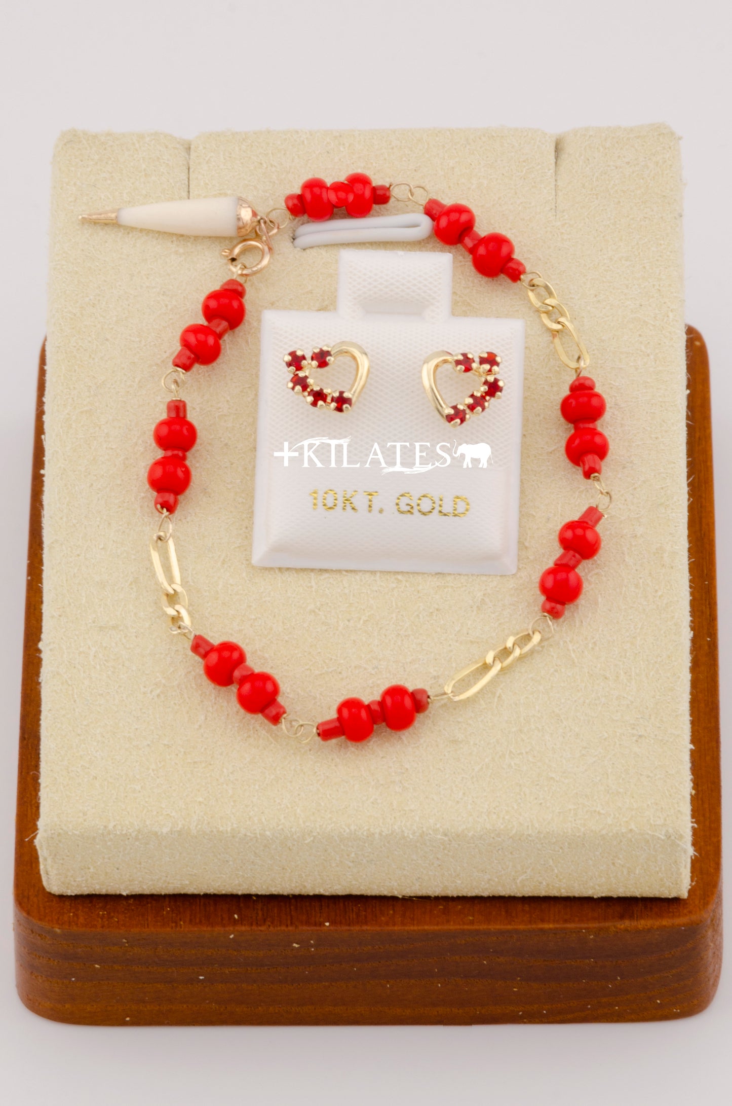 "SET PARA NIÑ@ DE PULSERA CON ARETES PREMIUM DE CORAZON CON PIEDRAS DE ZIRCONIA ROJA. ORO 10K #775-2589"
