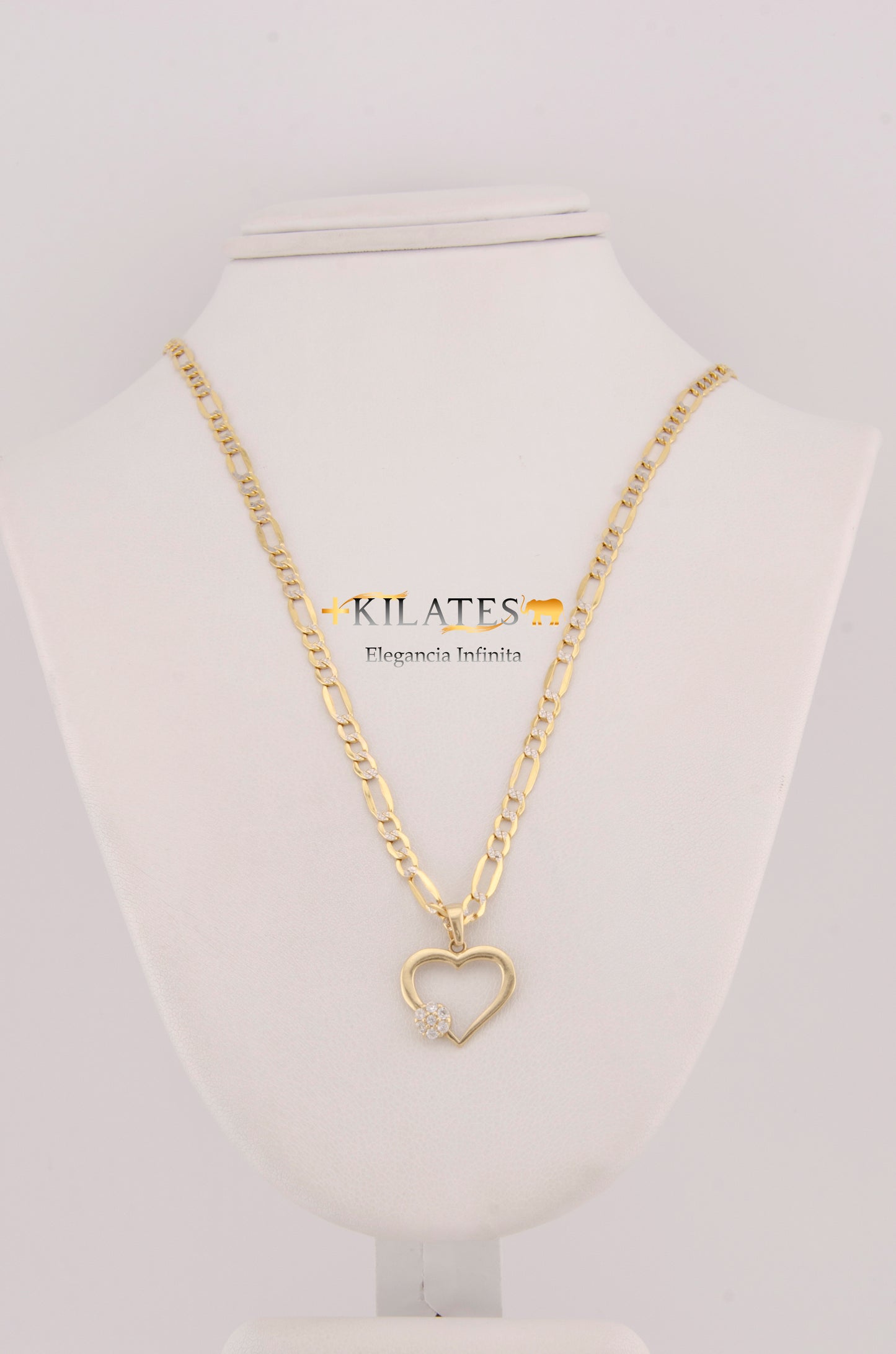"CADENA DE 50 CM PARA ADULTO ESTILO 3+1 DIAMANTADA CON DIJE DE CORAZON CON ZIRCONIA BLANCA AL AL LADO. ORO 10K #775-2746"