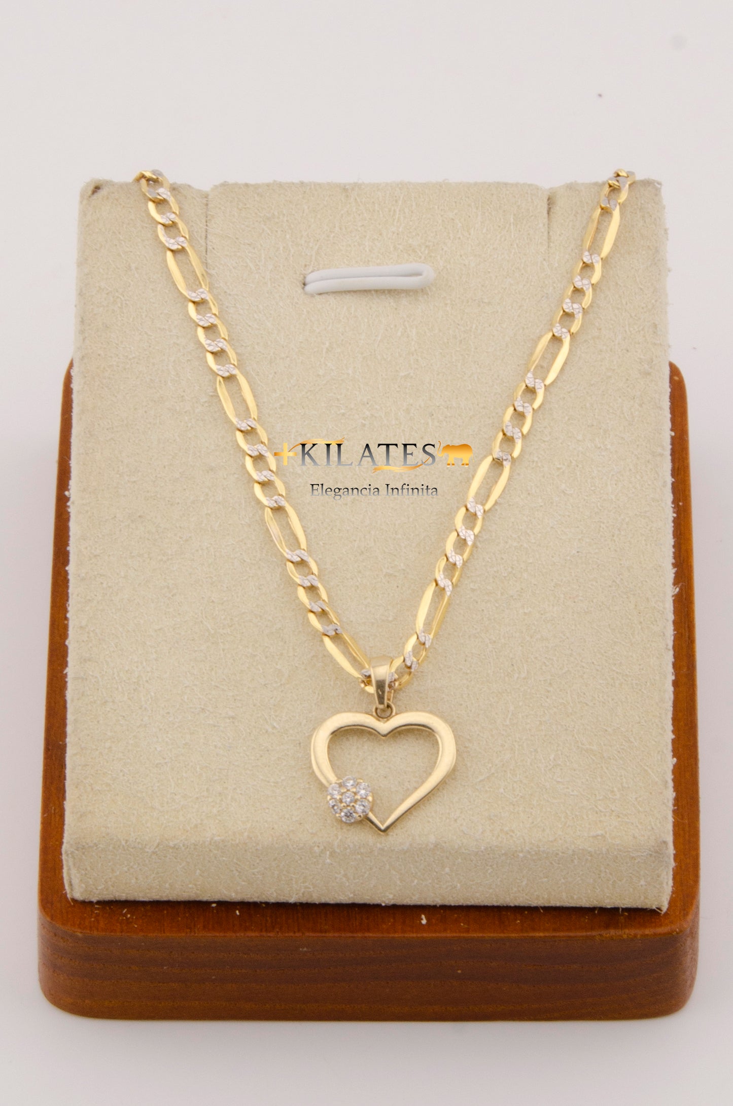 "CADENA DE 50 CM PARA ADULTO ESTILO 3+1 DIAMANTADA CON DIJE DE CORAZON CON ZIRCONIA BLANCA AL AL LADO. ORO 10K #775-2746"