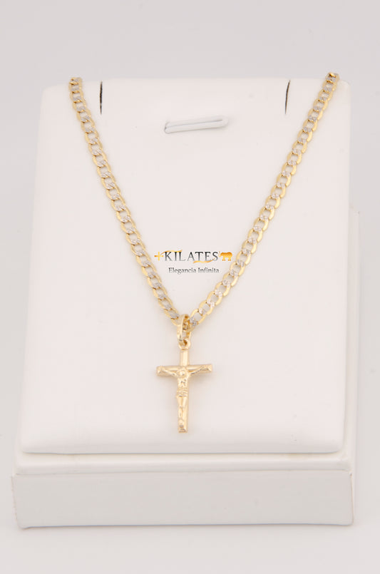 "CADENA DE 60CM PARA ADULTO ESTILO CUBANA DIAMANTADA CON CRUZ DE TUBO PEQUEÑO CON JESUCRISTO. ORO 10K. #775-2914"