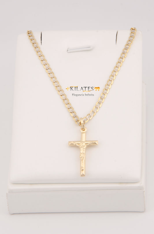 "CADENA DE 60CM PARA ADULTO ESTILO CUBANA DIAMANTADA CON CRUZ DE TUBO MEDIANA CON JESUCRISTO. ORO 10K. #775-2915"