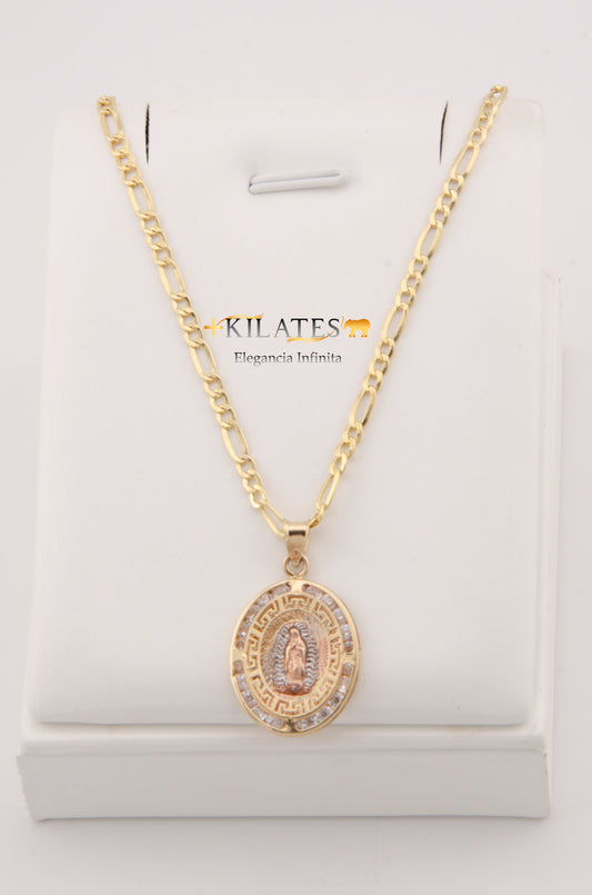 "CADENA DE 60CM PARA ADULTO ESTILO 3+1 CON DIJE OVALADO GRANDE DE LA VIRGEN. ORO 10K. #775-2922"