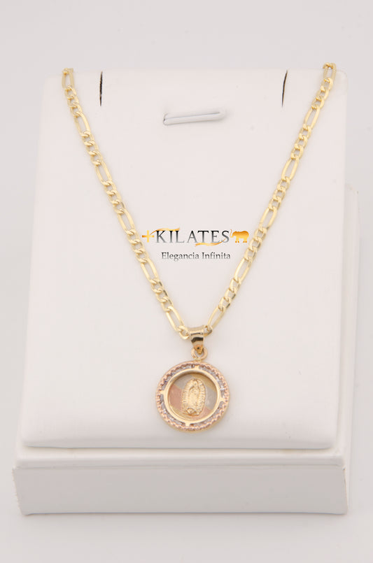 CADENA DE 60CM PARA ADULTO ESTILO 3+1 CON DIJE REDONDO 3 TONOS DE LA VIRGEN. ORO 10K. #775-2923"