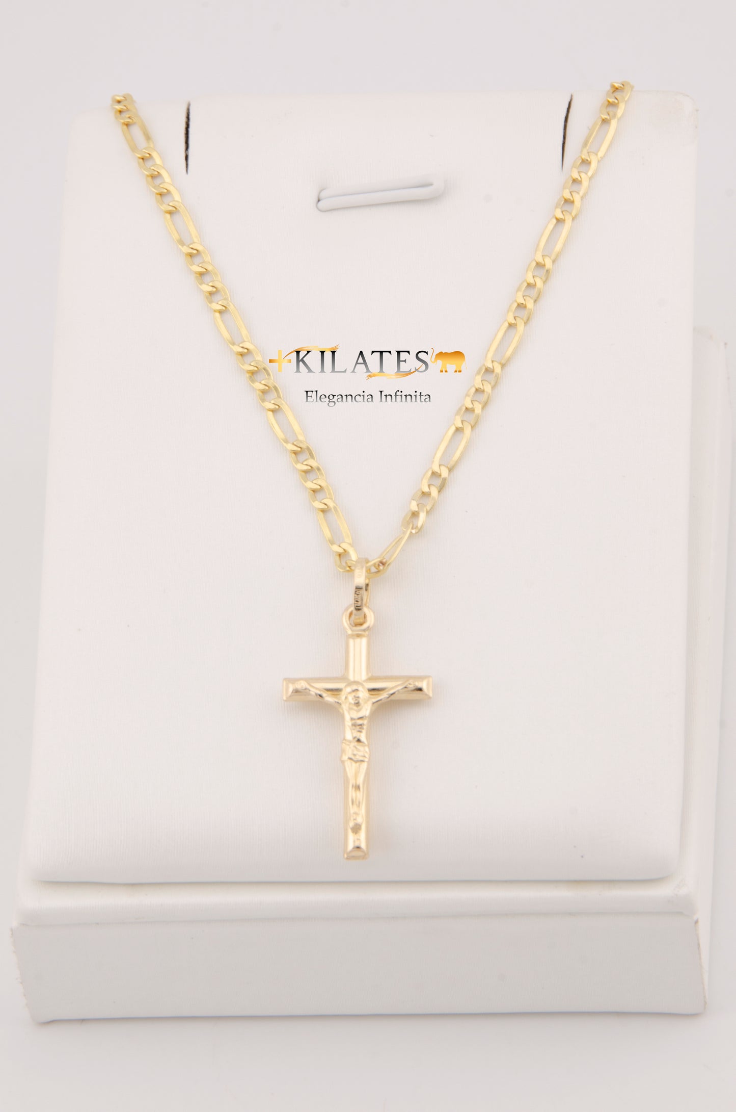 "CADENA DE 60CM PARA ADULTO ESTILO 3+1 CON DIJE DE CRUZ DE TUBO MEDIANA CON JESUCRISTO. ORO 10K. #775-2927"