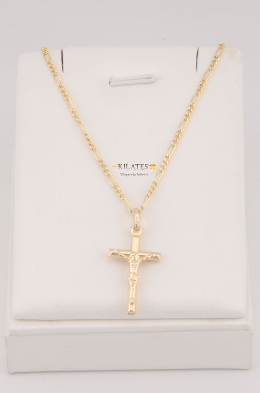 CADENA PARA ADULTO DE 60CM ESTILO 3+1 CON DIJE DE CRUZ DE TUBO MEDIANA CON JESUCRITOS. ORO 10K. #775-2934