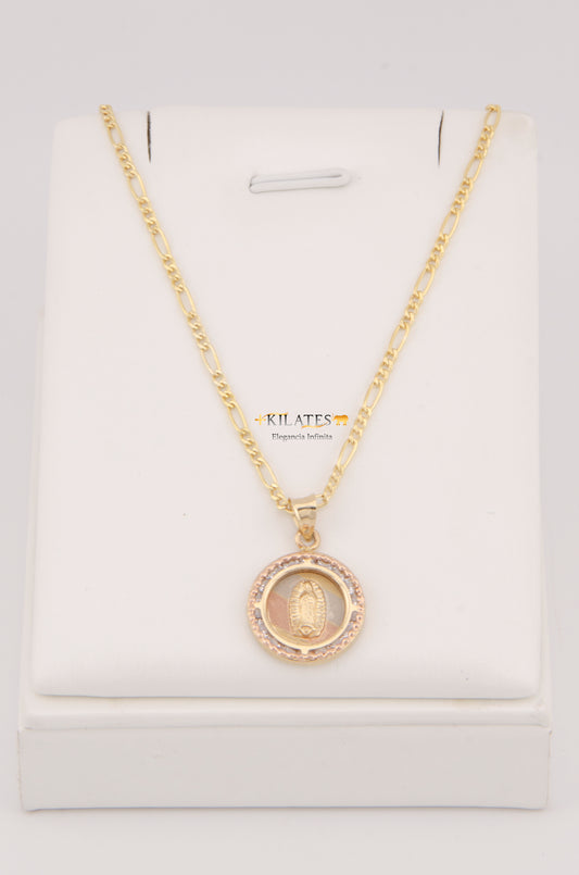 CADENA DE 60CM PARA ADULTO ESTILO 3+1 CON DIJE REDONDO 3 TONOS DE LA VIRGEN. ORO 10K. #775-2938