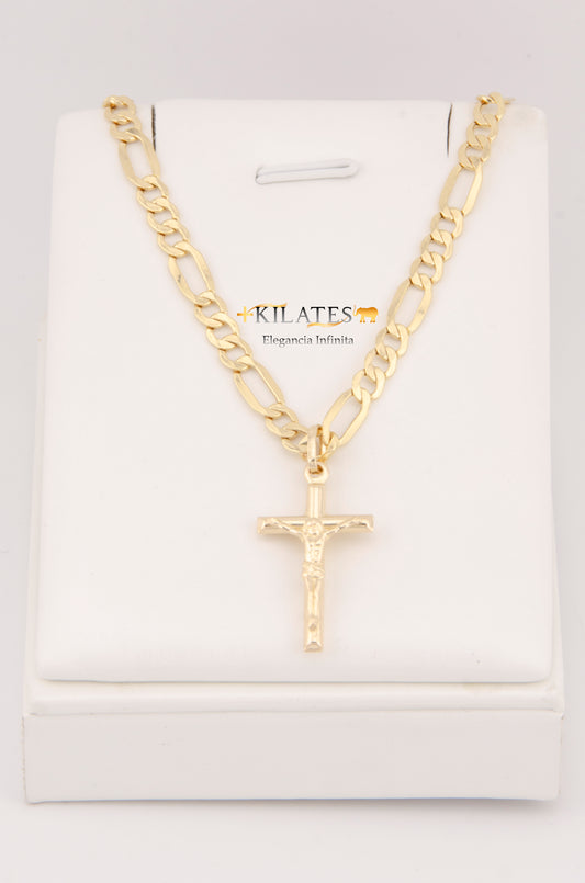 CADENA PARA ADULTO DE 60CM ESTILO 3+1 CON DIJE DE CRUZ MEDIANA DE TUBO CON JESUCRITOS. ORO 10K. #775-2946