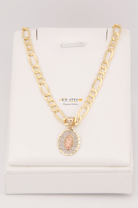 CADENA PARA ADULTO DE 60CM ESTILO 3+1 CON DIJE DE PLACA DE LA VIRGEN. ORO 10K. #775-2952