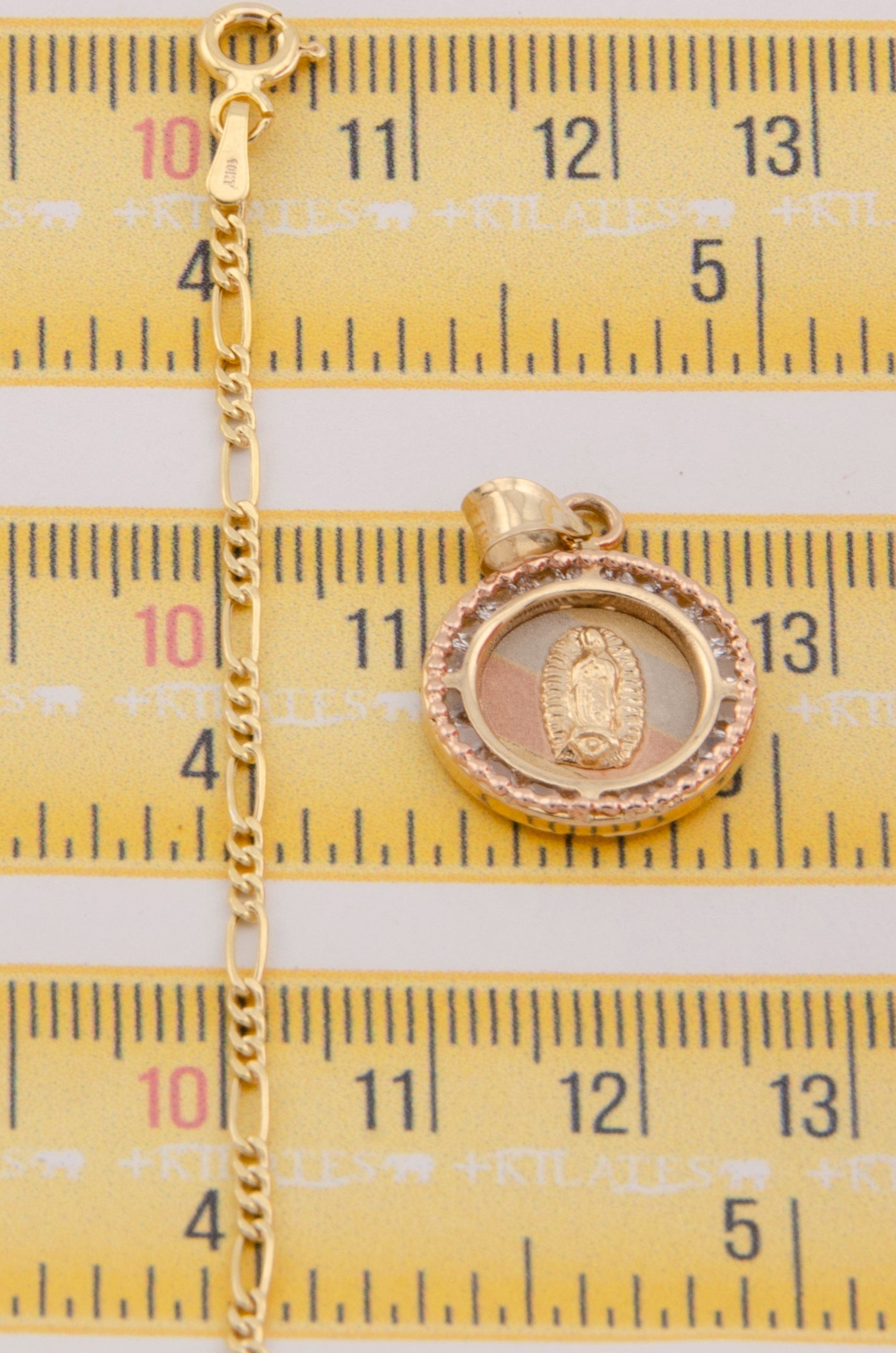 CADENA DE 60CM PARA ADULTO ESTILO 3+1 CON DIJE REDONDO 3 TONOS DE LA VIRGEN. ORO 10K. #775-2938