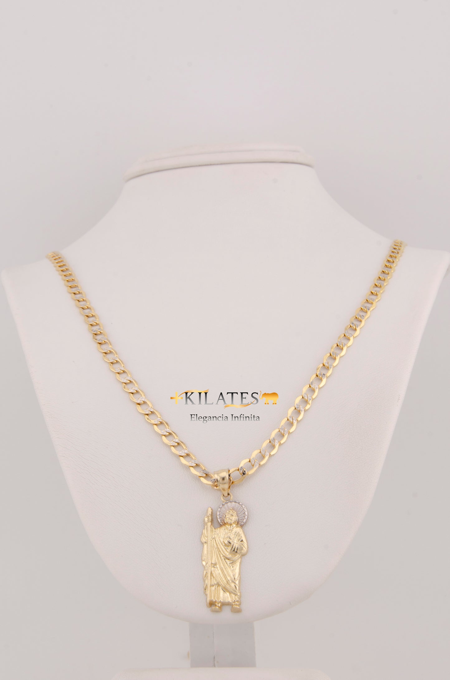 "CADENA DE 60CM PARA ADULTO ESTILO CUBANA DIAMANTADA CON DIJE DE SAN JUDAS TADEO GRANDE. ORO 10K #775-3022"