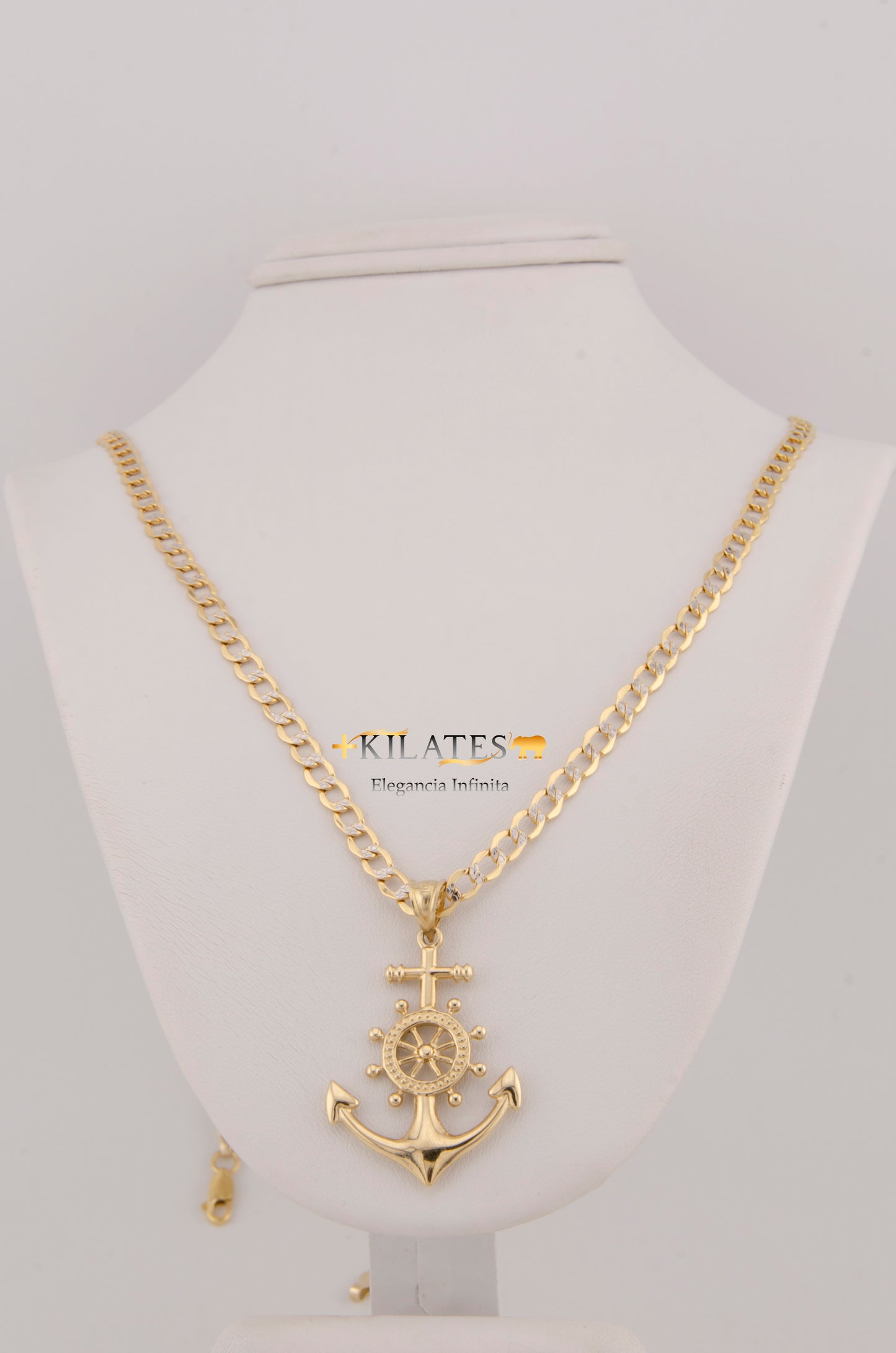 "CADENA DE 60CM PARA ADULTO ESTILO CUBANA DIAMANTADA CON DIJE DE ANCLA GRANDE. ORO 10K #775-3023"