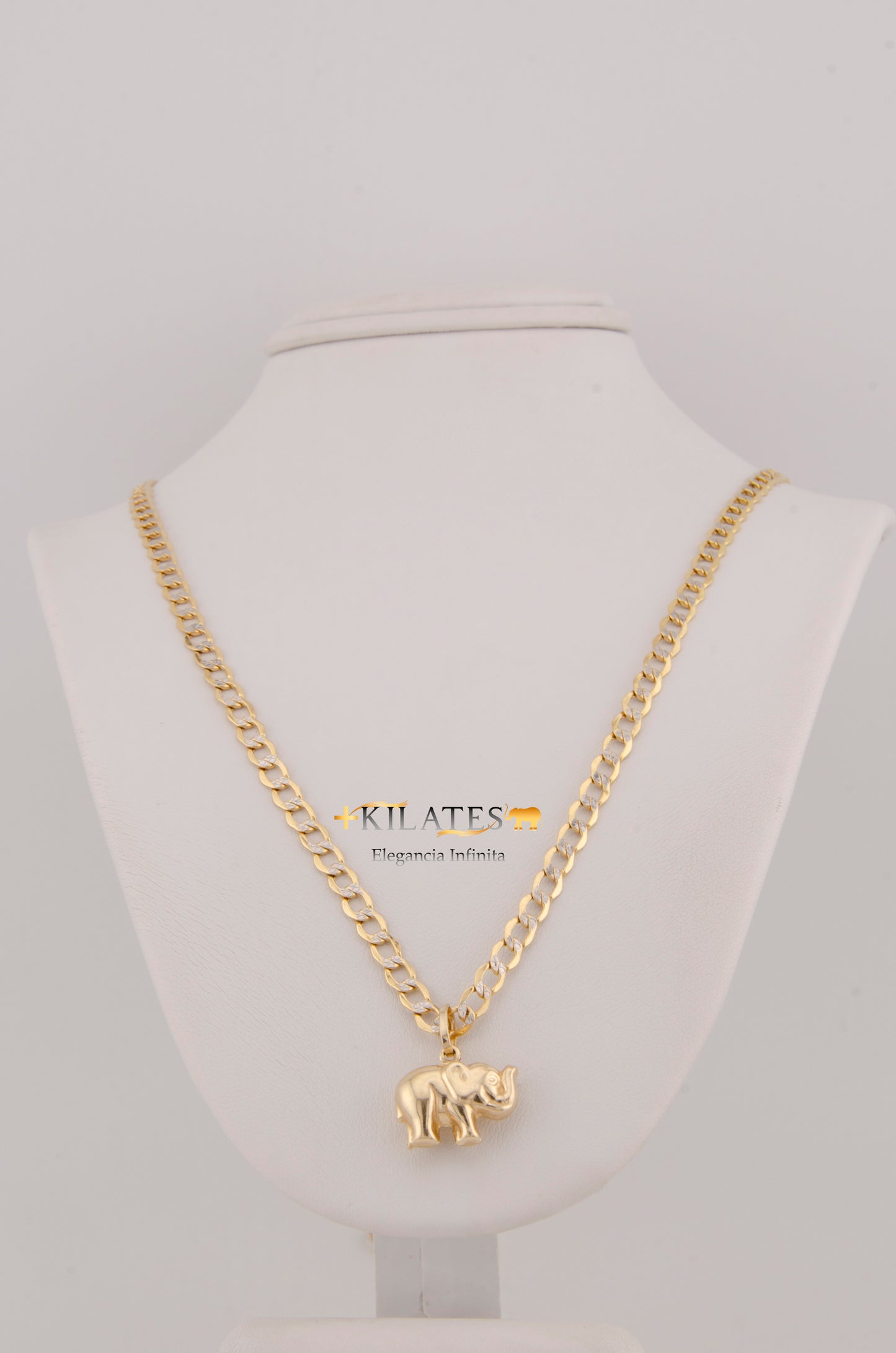 "CADENA DE 60CM PARA ADULTO ESTILO CUBANA DIAMANTADA CON DIJE DE ELEFANTE GRANDE. ORO 10K #775-3025"