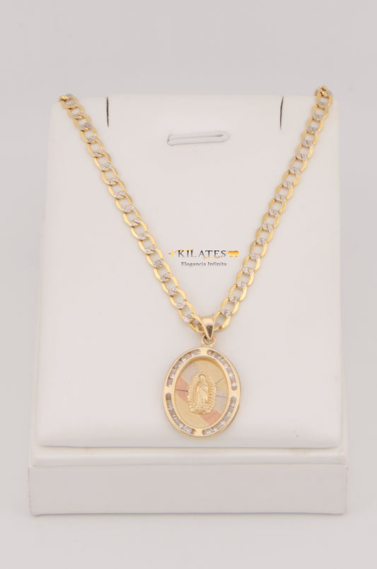 "CADENA DE 60CM PARA ADULTO ESTILO CUBANA DIAMANTADA CON DIJE DE LA VIRGEN OVALADO GRANDE CON ZIRCONIA BLANCA. ORO 10K #775-3011"