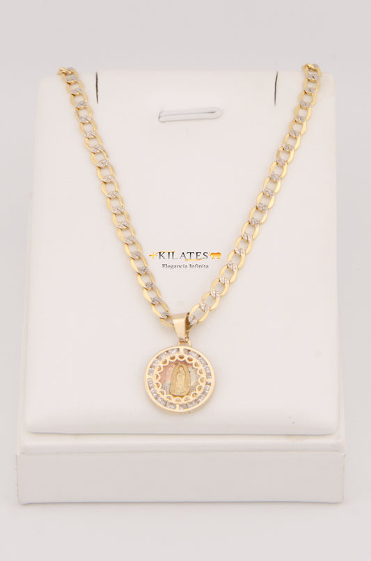 "CADENA DE 60CM PARA ADULTO ESTILO CUBANA DIAMANTADA CON DIJE DE LA VIRGEN REDONDO CON ZIRCONIA BLANCO. ORO 10K #775-3014"