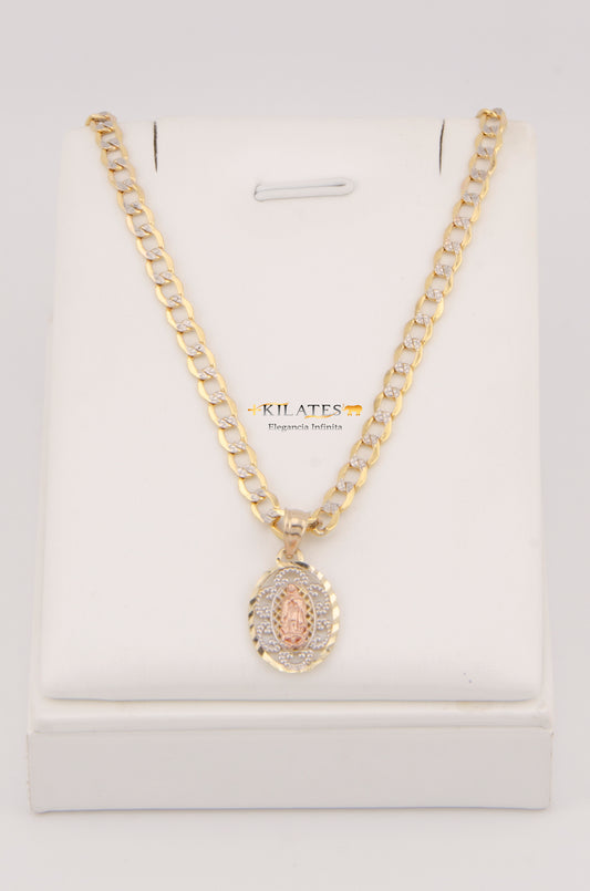 "CADENA DE 60CM PARA ADULTO ESTILO CUBANA DIAMANTADA CON DIJE DE PLACA DE LA VIRGEN. ORO 10K #775-3015"