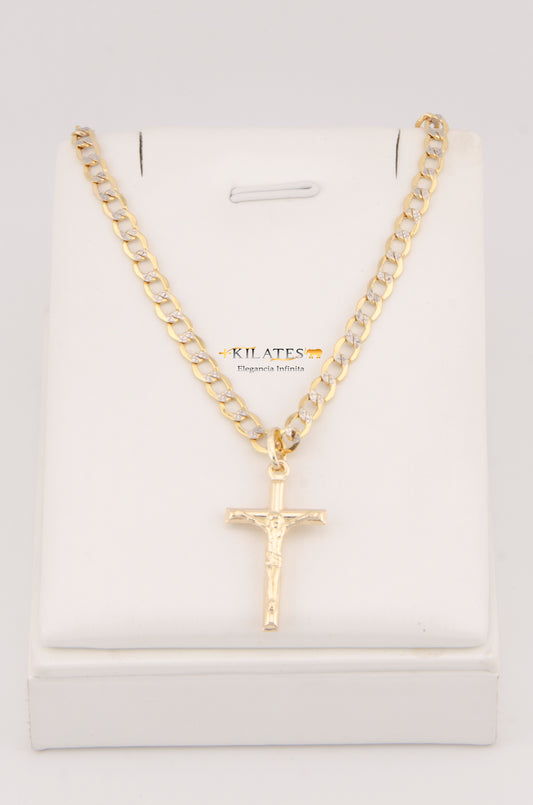 "CADENA DE 60CM PARA ADULTO ESTILO CUBANA DIAMANTADA CON DIJE DE CRUZ DE TUBO MEDIANADA CON JESUCRISTO. ORO 10K #775-3017"