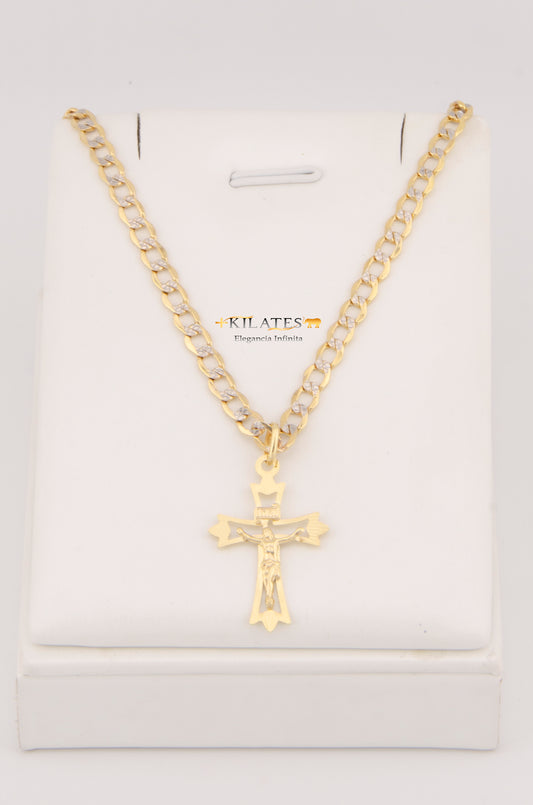 "CADENA DE 60CM PARA ADULTO ESTILO CUBANA DIAMANTADA CON DIJE DE CRUZ MEDIANA CON JESUCRISTO. ORO 10K #775-3020"