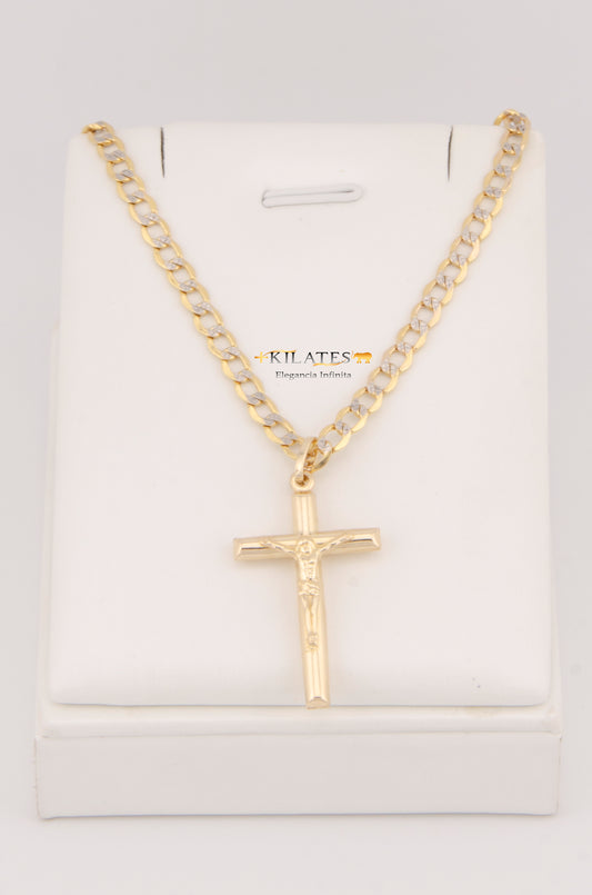 "CADENA DE 60CM PARA ADULTO ESTILO CUBANA DIAMANTADA CON DIJE DE CRUZ GRANDE CON JESUCRISTO. ORO 10K #775-3021"