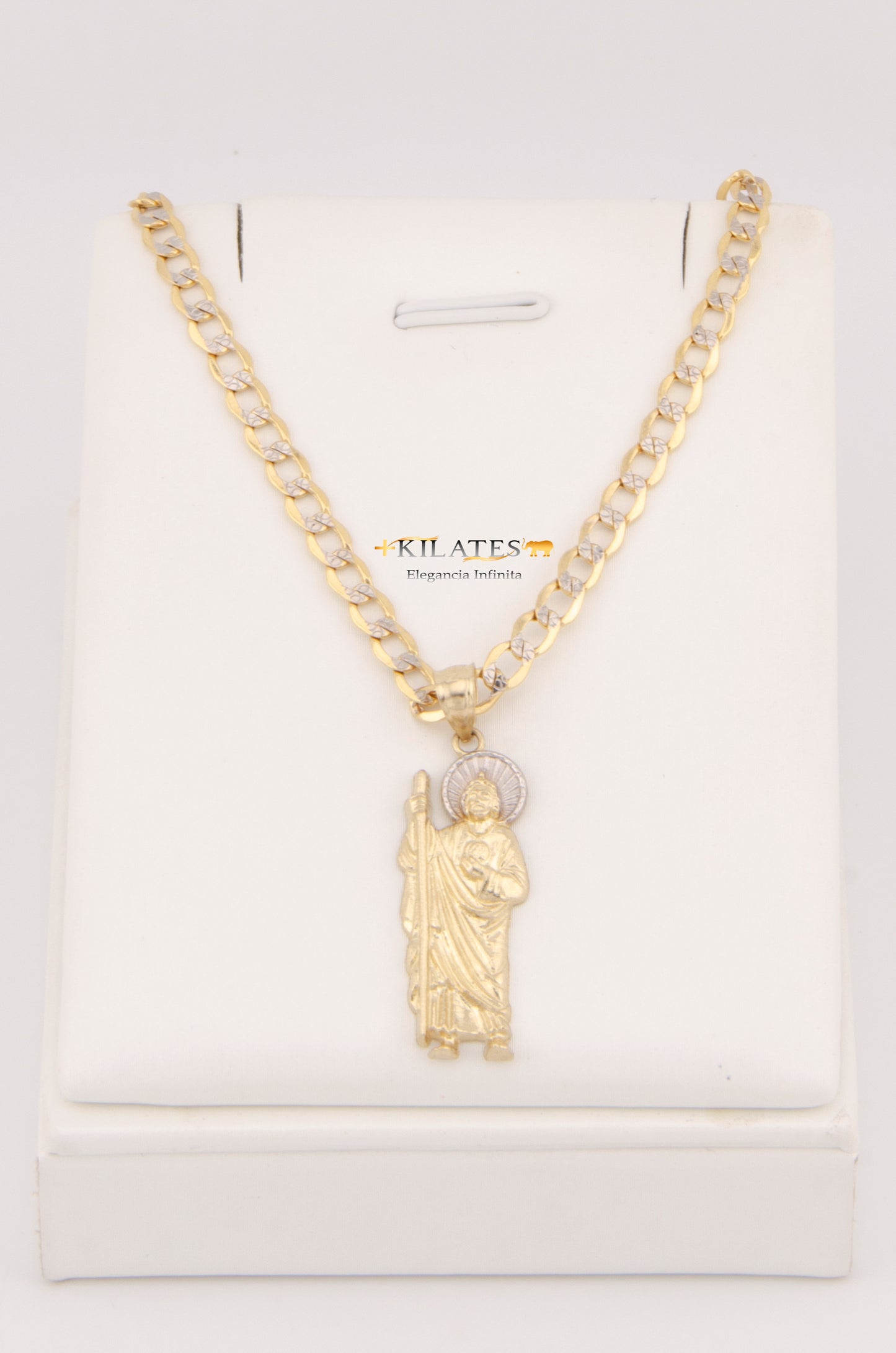 "CADENA DE 60CM PARA ADULTO ESTILO CUBANA DIAMANTADA CON DIJE DE SAN JUDAS TADEO GRANDE. ORO 10K #775-3022"