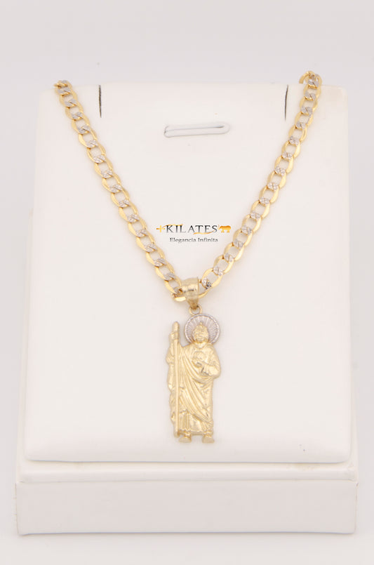 "CADENA DE 60CM PARA ADULTO ESTILO CUBANA DIAMANTADA CON DIJE DE SAN JUDAS TADEO GRANDE. ORO 10K #775-3022"