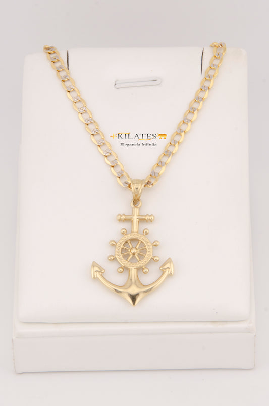 "CADENA DE 60CM PARA ADULTO ESTILO CUBANA DIAMANTADA CON DIJE DE ANCLA GRANDE. ORO 10K #775-3023"