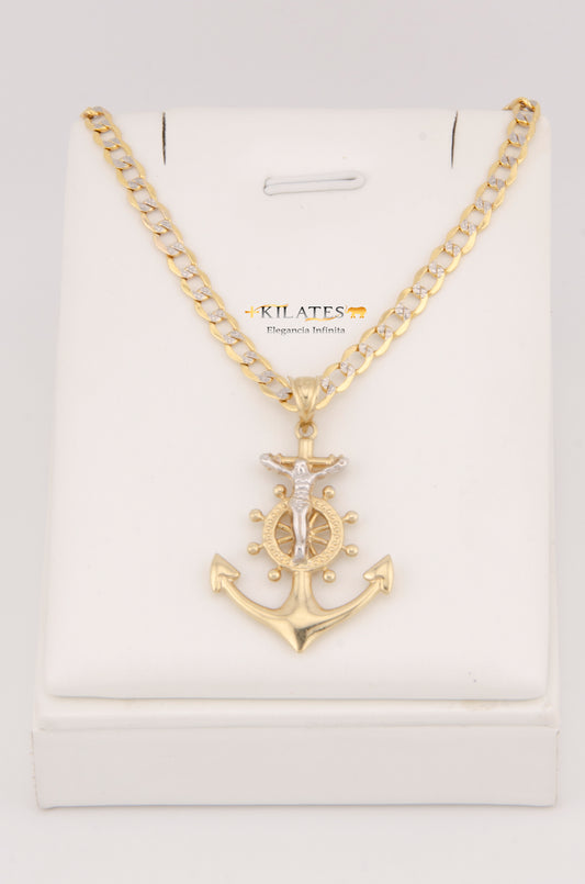"CADENA DE 60CM PARA ADULTO ESTILO CUBANA DIAMANTADA CON DIJE DE ANCLA GRANDE CON JESUCRISTO. ORO 10K #775-3024"