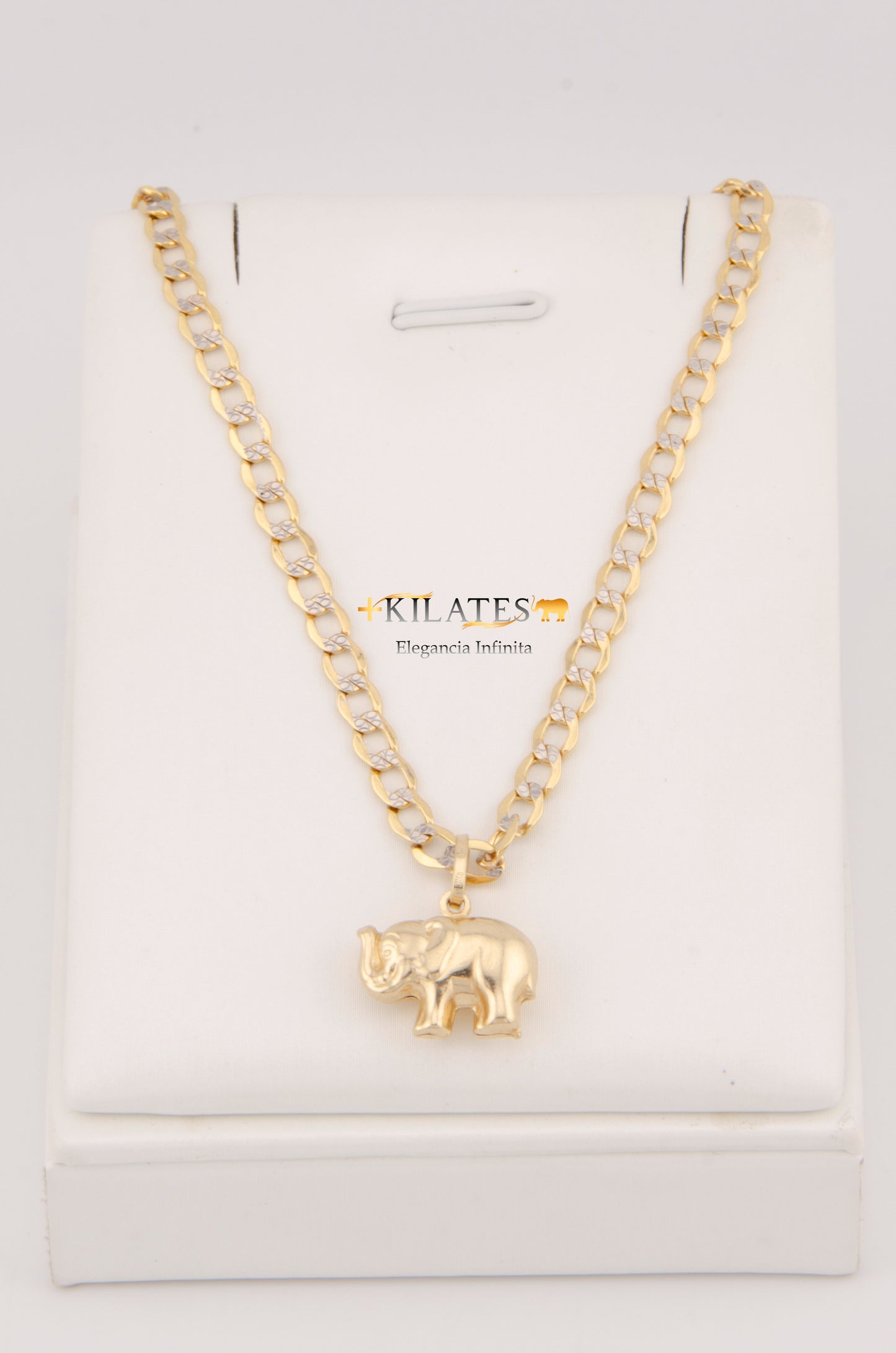 "CADENA DE 60CM PARA ADULTO ESTILO CUBANA DIAMANTADA CON DIJE DE ELEFANTE GRANDE. ORO 10K #775-3025"
