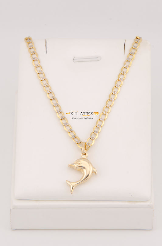 "CADENA DE 60CM PARA ADULTO ESTILO CUBANA DIAMANTADA CON DIJE DE DELFIN GRANDE. ORO 10K #775-3027"