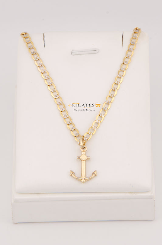 "CADENA DE 60CM PARA ADULTO ESTILO CUBANA DIAMANTADA CON DIJE DE ANCLA. ORO 10K. #775-3028"