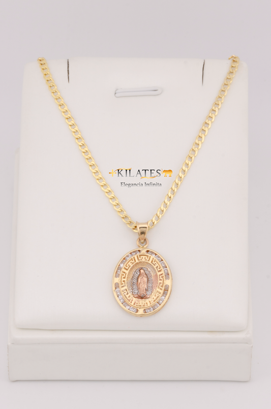 "CADENA DE 50CM PARA ADULTO ESTILO CUBANA CON DIJE DE LA VIRGEN OVALADO GRANDE CON ZIRCONIA BLANCA. ORO 10K #775-3096"