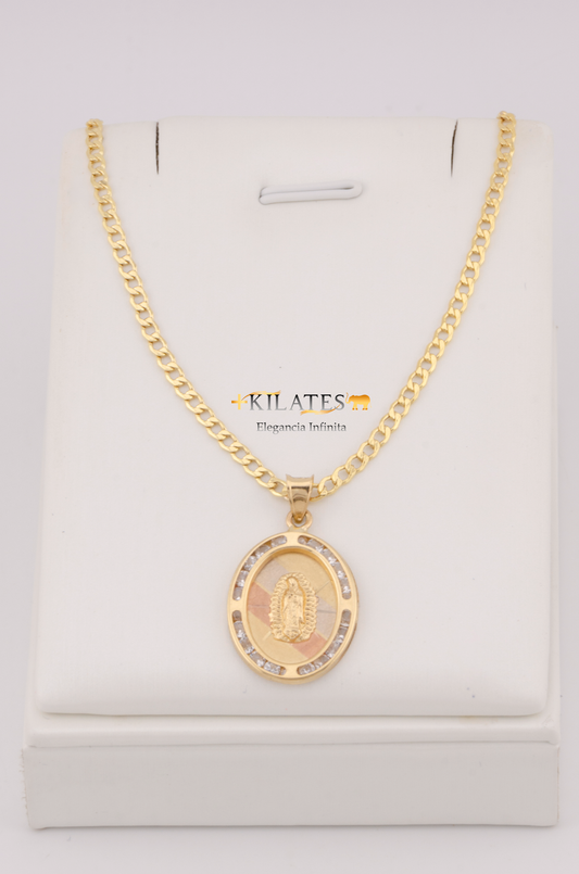 "CADENA DE 50CM PARA ADULTO ESTILO CUBANA CON DIJE DE LA VIRGEN OVALADO GRANDE CON ZIRCONIA BLANCA. ORO 10K #775-3097"