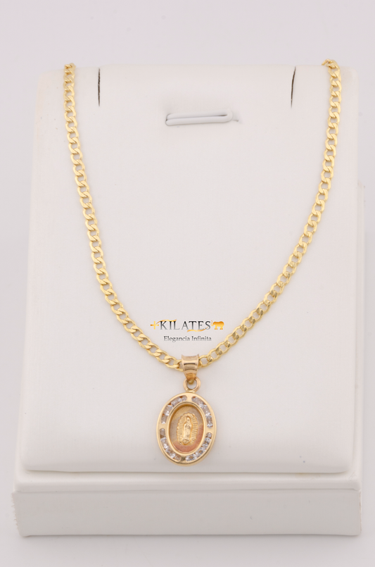"CADENA DE 50CM PARA ADULTO ESTILO CUBANA CON DIJE DE LA VIRGEN OVALADO MEDIANO CON ZIRCONIA BLANCA . ORO 10K #775-3099"