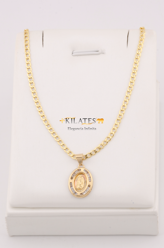 "CADENA DE 50CM PARA ADULTO ESTILO CUBANA CON DIJE DE LA VIRGEN OVALADO MEDIANO CON ZIRCONIA BLANCA . ORO 10K #775-3100"