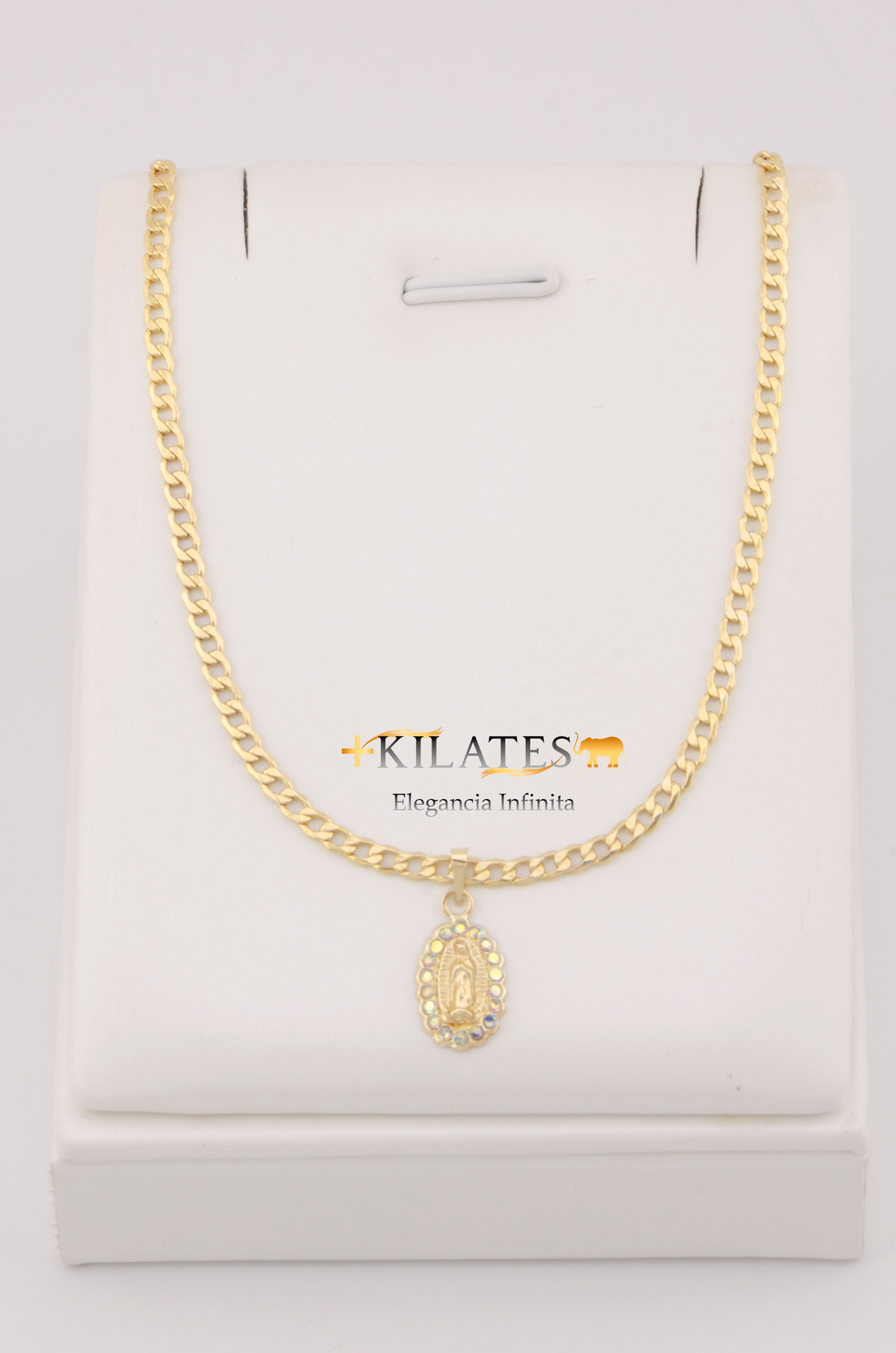 "CADENA DE 50CM PARA ADULTO ESTILO CUBANA CON DIJE DE LA VIRGEN CON ZIRCONIA TORNASOL. ORO 10K #775-3103"