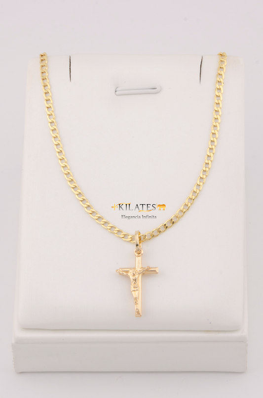 "CADENA DE 50CM PARA ADULTO ESTILO CUBANA CON DIJE DE CRUZ DE TUBO PEQUEÑA CON JESUCRISTO. ORO 10K #775-3106"