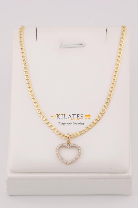 "CADENA DE 50CM PARA ADULTO ESTILO CUBANA CON DIJE DE CORAZON CON ZIRCONIA BLANCA. ORO 10K #775-3114"