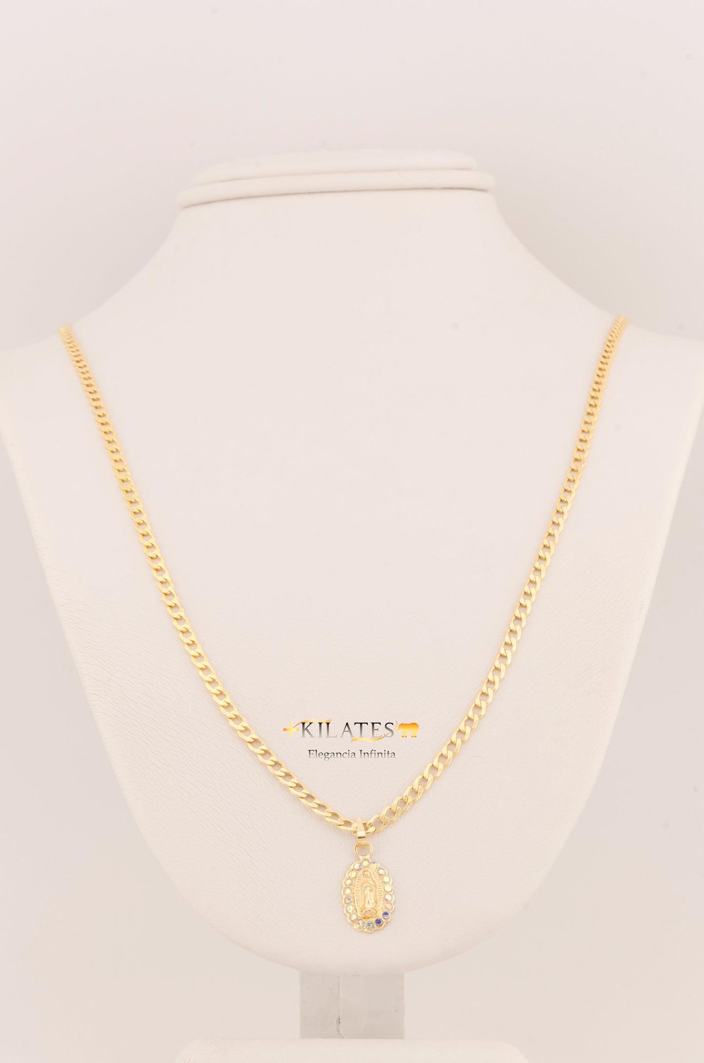 "CADENA DE 50CM PARA ADULTO ESTILO CUBANA CON DIJE DE LA VIRGEN CON ZIRCONIA TORNASOL. ORO 10K #775-3103"