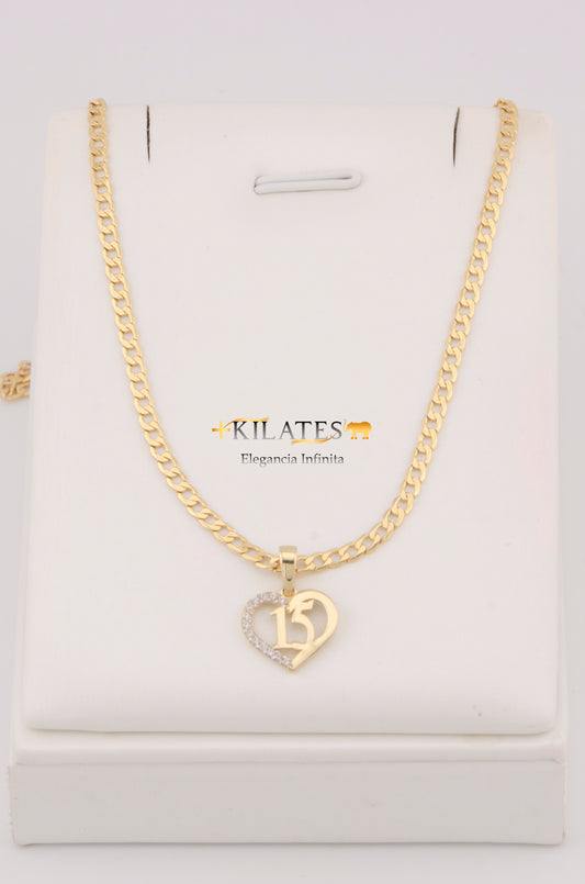CADENA DE 50CM PARA ADULTO ESTILO CUBANA CON DIJE DE 15 AÑOS . ORO 10K #775-3215