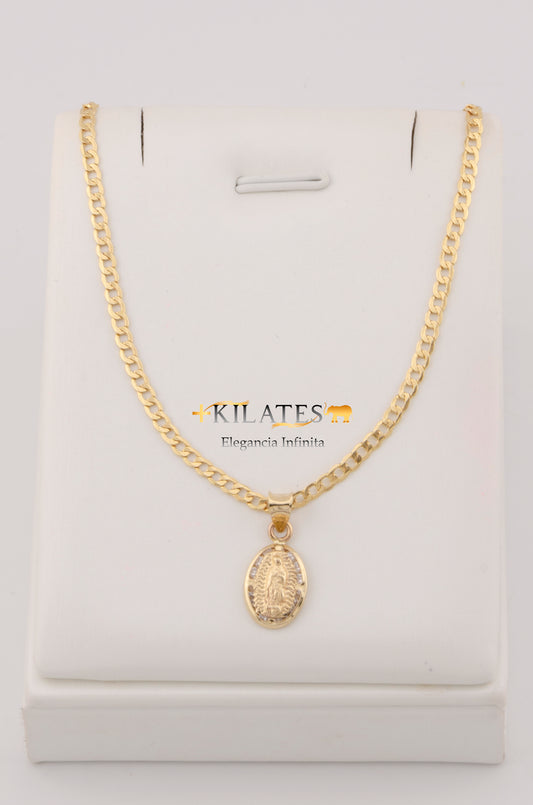 "CADENA DE 50CM PARA ADULTO ESTILO CUBANA CON DIJE OVALADO PEQUEÑO DE LA VIRGEN. ORO 10K #775-3225"