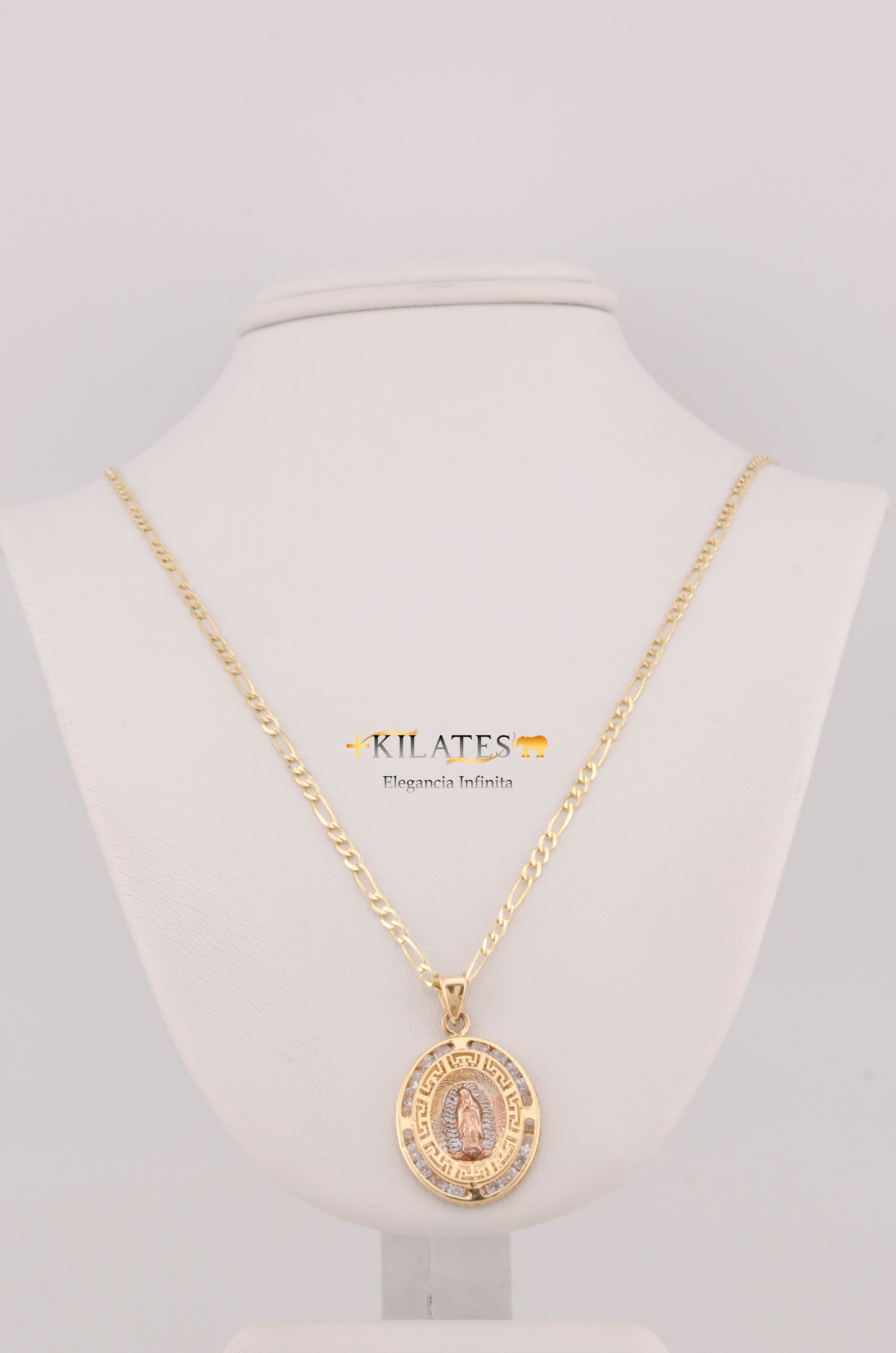 "CADENA DE 50CM PARA ADULTO ESTILO 3+1 SOLIDA CON DIJE OVALADO GRANDE DE LA VIRGEN CON ZIRCONIA BLANCA . ORO 10K #775-3242"