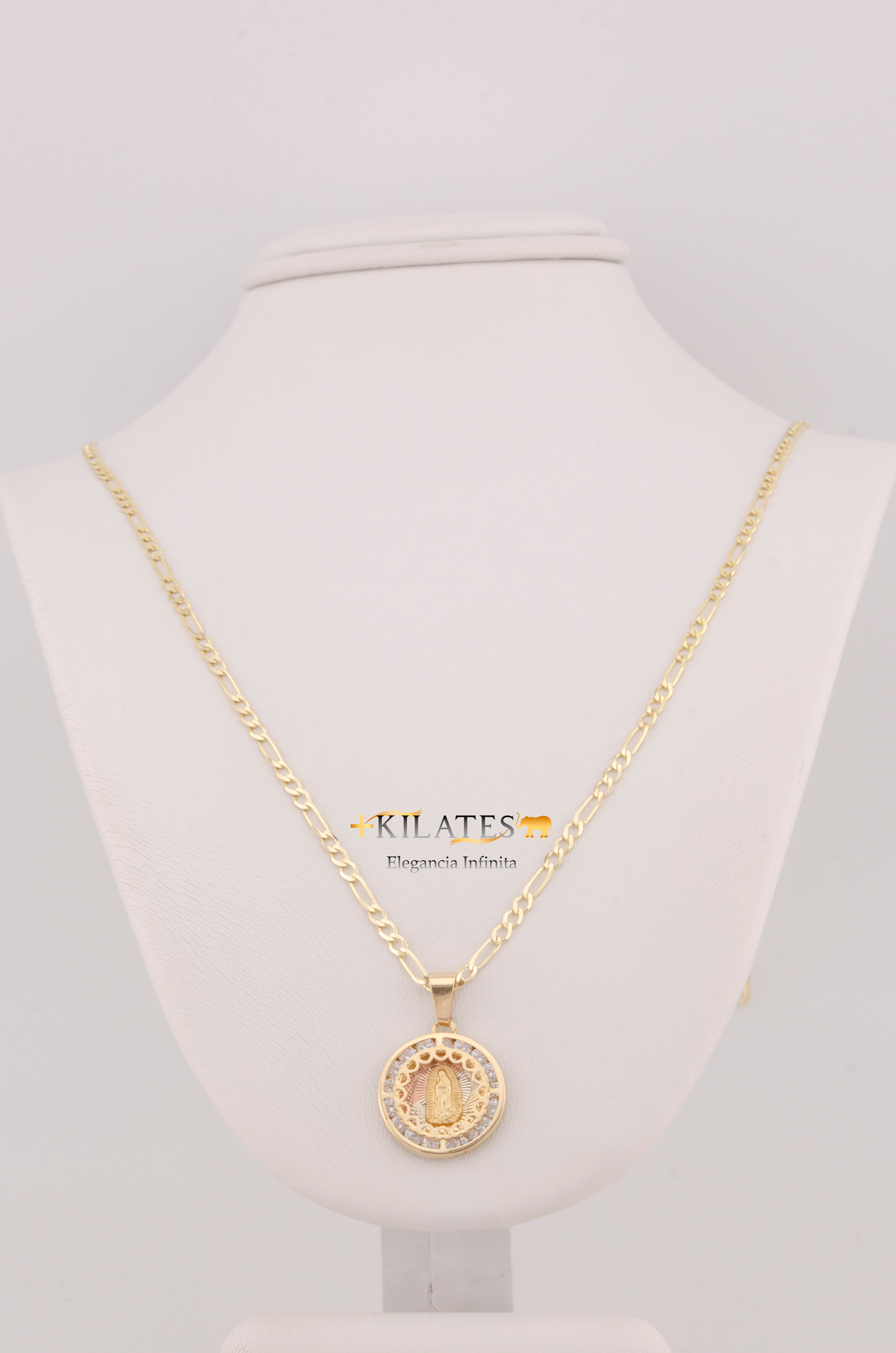 "CADENA DE 50CM PARA ADULTO ESTILO 3+1 SOLIDA CON DIJE DE LA VIRGEN RENDONDO MEDIANO CON ZIRCONIA BLANCA . ORO 10K #775-3244"