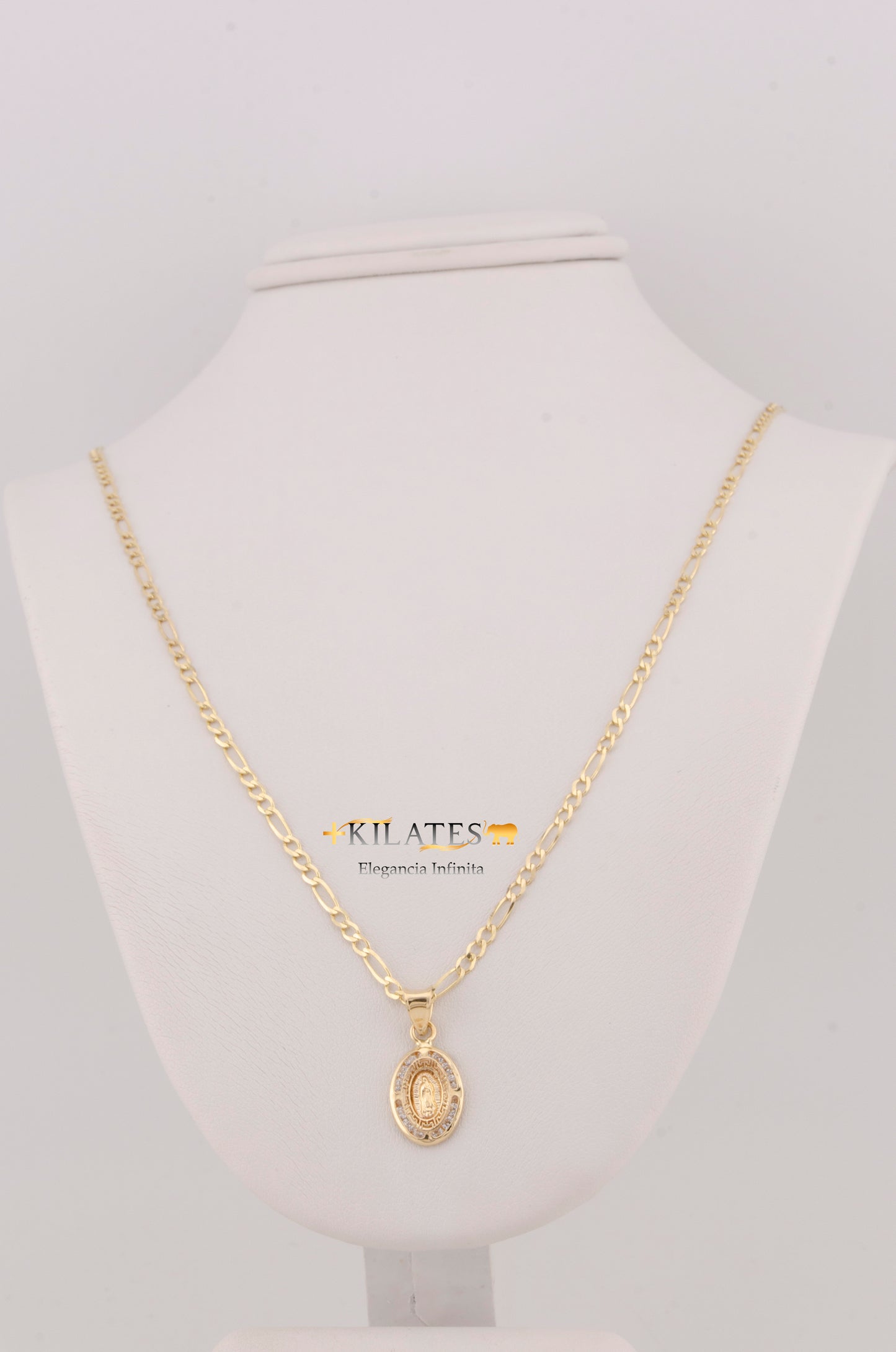 "CADENA DE 50CM PARA ADULTO ESTILO 3+1 SOLIDA CON DIJE OVALADO PEQUEÑO DE LA VIRGEN . ORO 10K #775-3250"