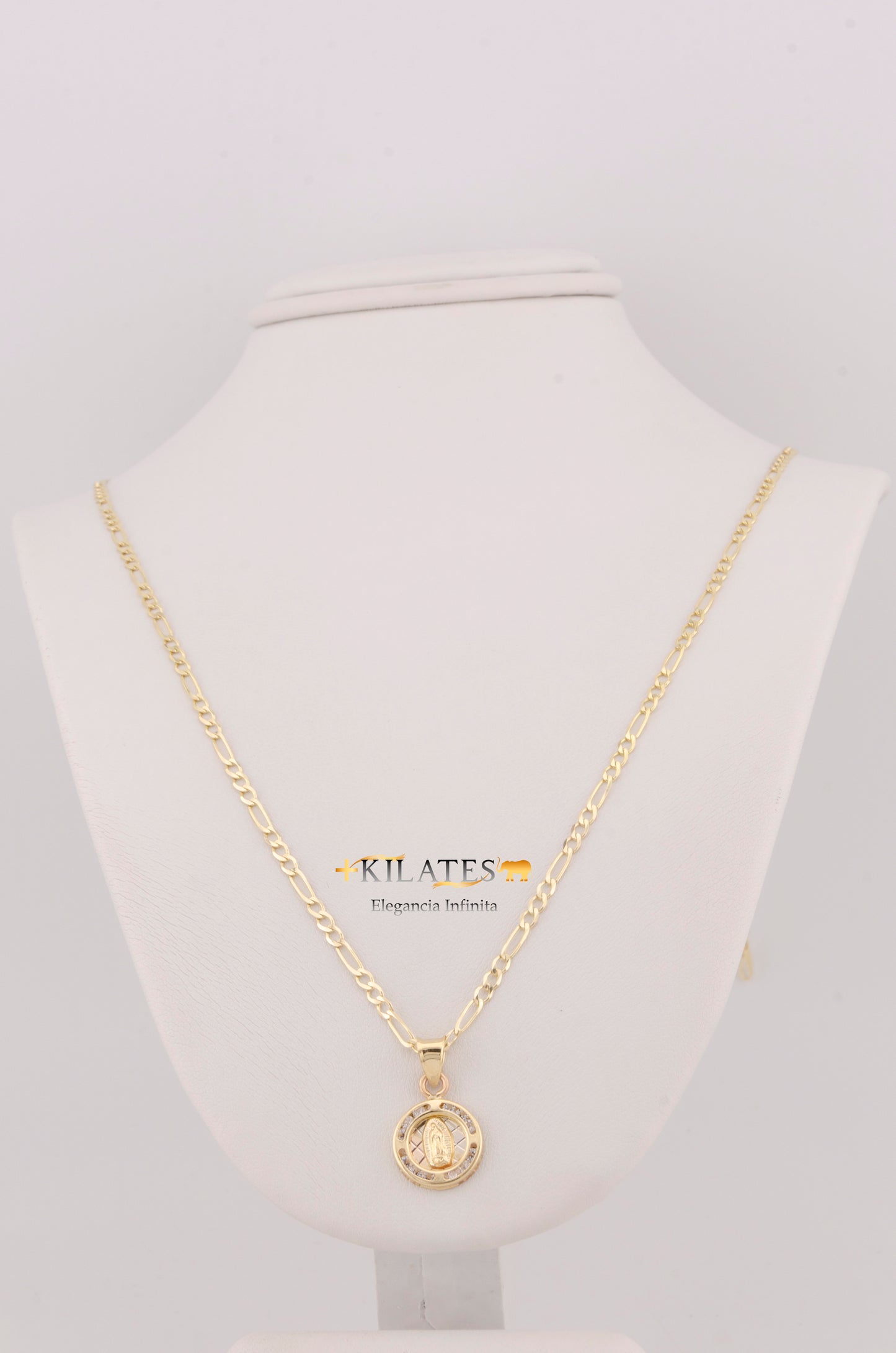 "CADENA DE 50CM PARA ADULTO ESTILO 3+1 SOLIDA CON DIJE REDONDO PEQUEÑO DE LA VIRGEN . ORO 10K #775-3254"