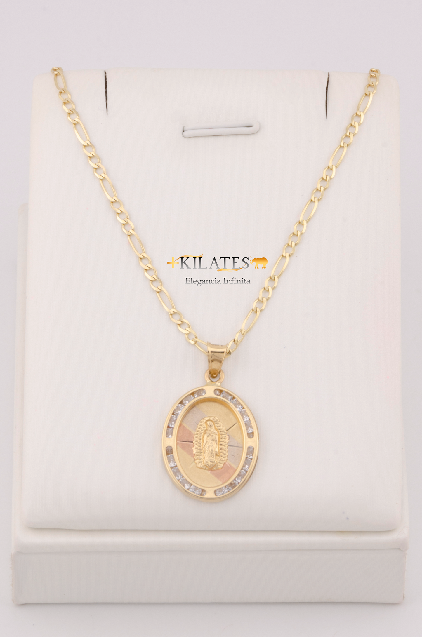 "CADENA DE 50CM PARA ADULTO ESTILO 3+1 SOLIDA CON DIJE OVALADO GRANDE DE LA VIRGEN CON ZIRCONIA BLANCA . ORO 10K #775-3243"