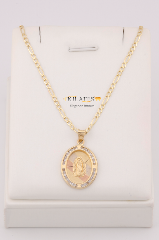 "CADENA DE 50CM PARA ADULTO ESTILO 3+1 SOLIDA CON DIJE OVALADO GRANDE DE LA VIRGEN CON ZIRCONIA BLANCA . ORO 10K #775-3243"