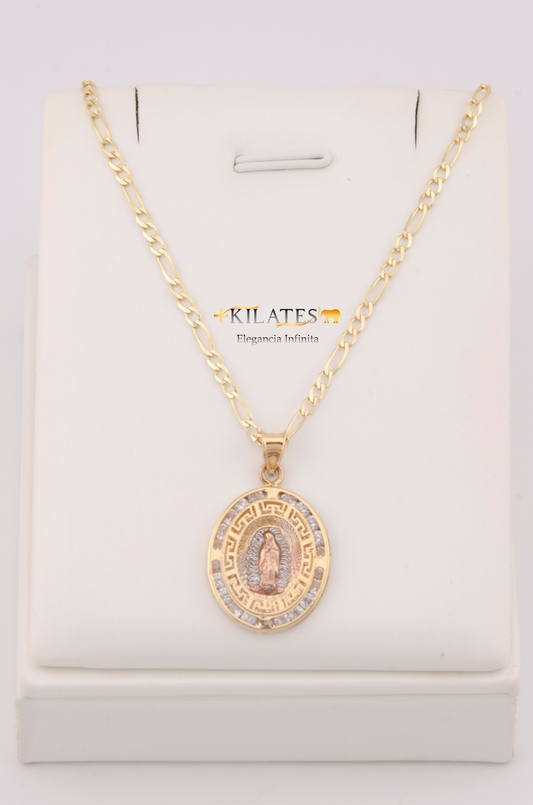 "CADENA DE 50CM PARA ADULTO ESTILO 3+1 SOLIDA CON DIJE OVALADO GRANDE DE LA VIRGEN CON ZIRCONIA BLANCA . ORO 10K #775-3242"